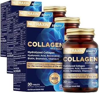Nutraxin Collagen Gold Quality Tablet   Hidrolize Kolajen, C Vitamini, Hyaluronik Asit, Biotin,  inko ve Resveratrol   30 Tablet 3 paketi