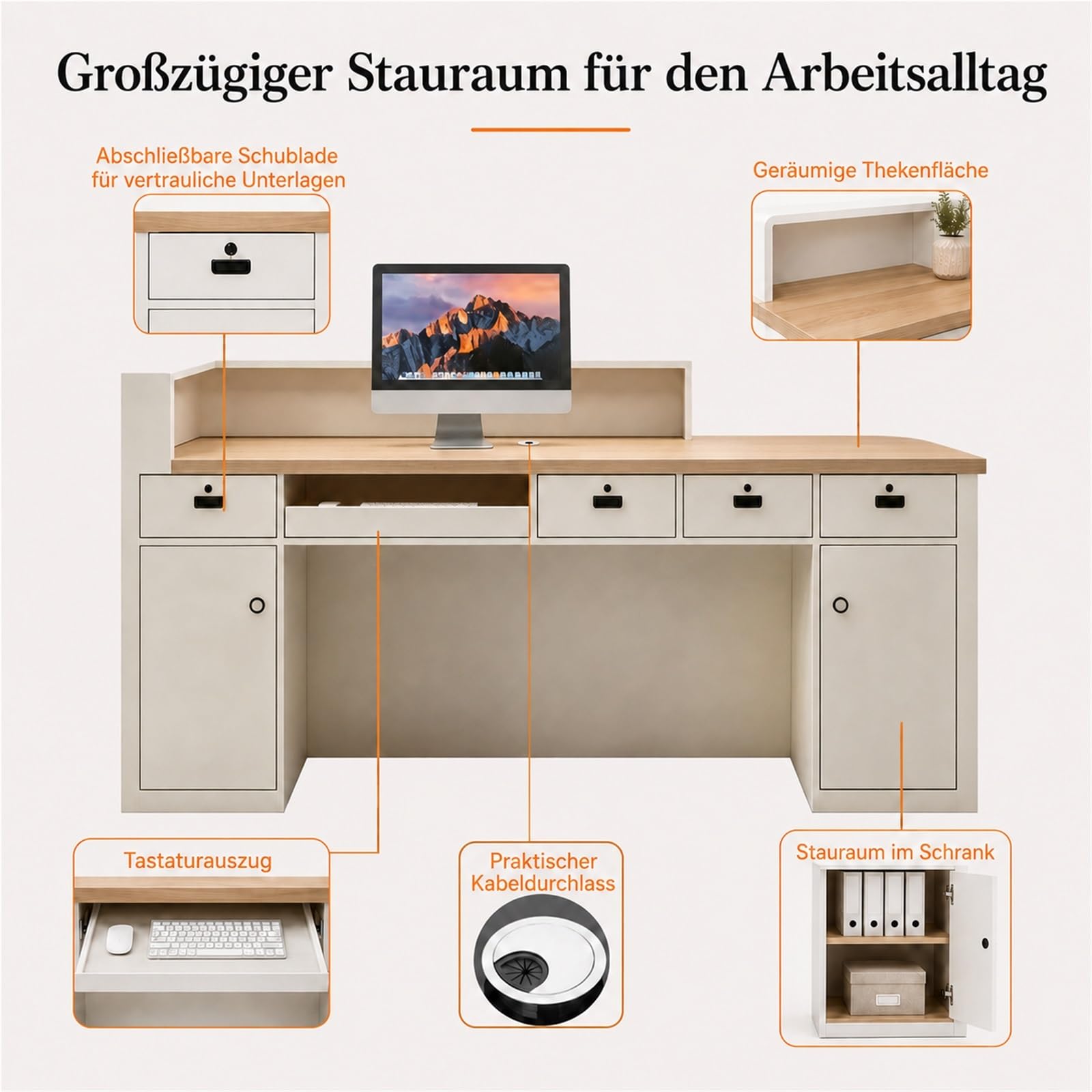 Empfangstheke Hochglanz Lackiert, Empfangstresen Büro Schreibtisch Kassentheke Mit Stauraum, L-Form Rezeptionstheke Für Büro Salon Praxis(Beige Left,150cm/59)