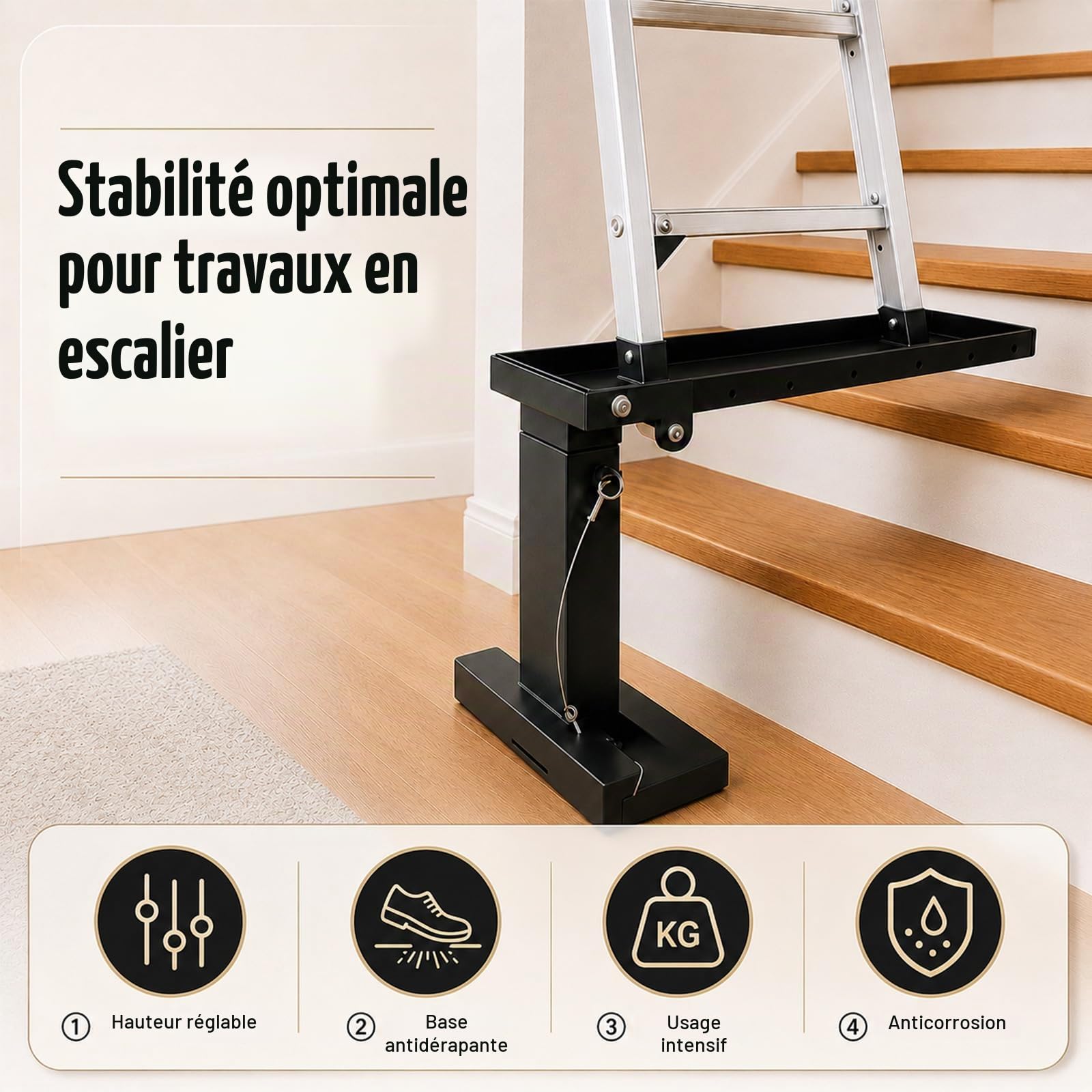 Rallonge d'échelle Pliable, Hauteur réglable de 30 à 46 cm, en Acier de Haute qualité, pour escaliers avec Tapis antidérapant, permettant d'aligner Les échelles, capacité de Charge 350 kg
