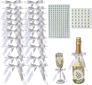 30 Pcs Wedding Champagne Flutes Décor White Ribbon Bows with 5 Size Pearl Stickers, Wine Bottle Decorations Twist Tie Bow for Marriage Wedding Party Favors