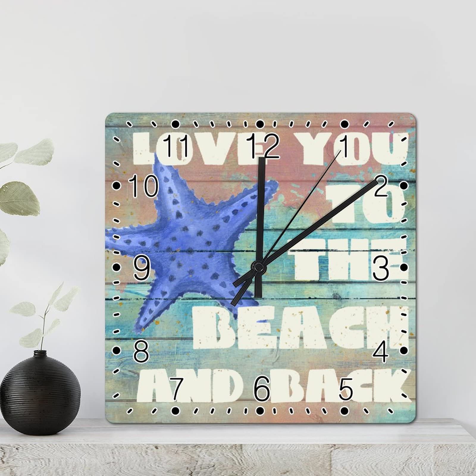Horloge murale carrée de 30 cm avec décor plage pour salon lumineux