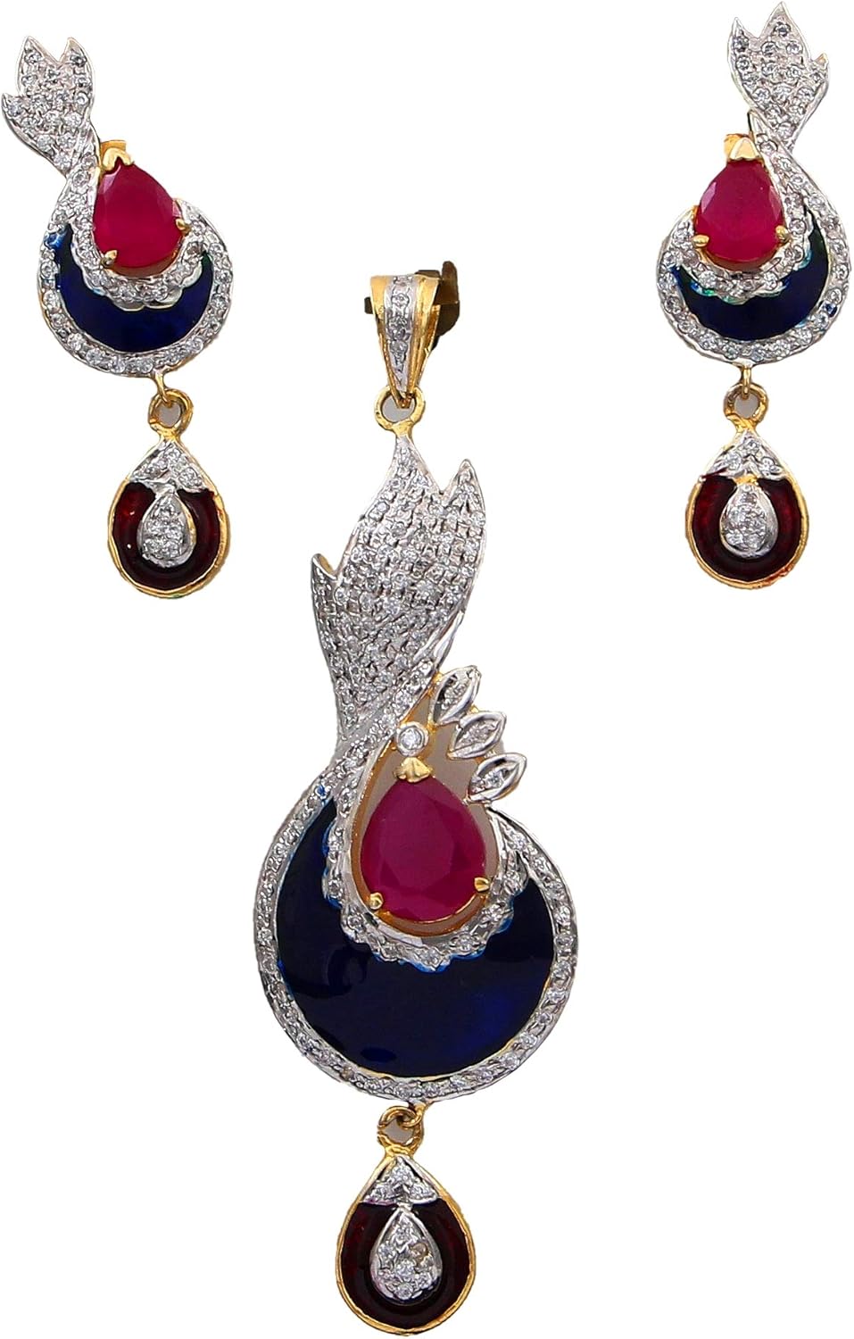 Floral Design Pendant with Drop & Dangle Earring for Women Pink CZ Ruby Bollywood Look Locket 18K Gold Plated Handmade Jewellery for Women MKPS 3