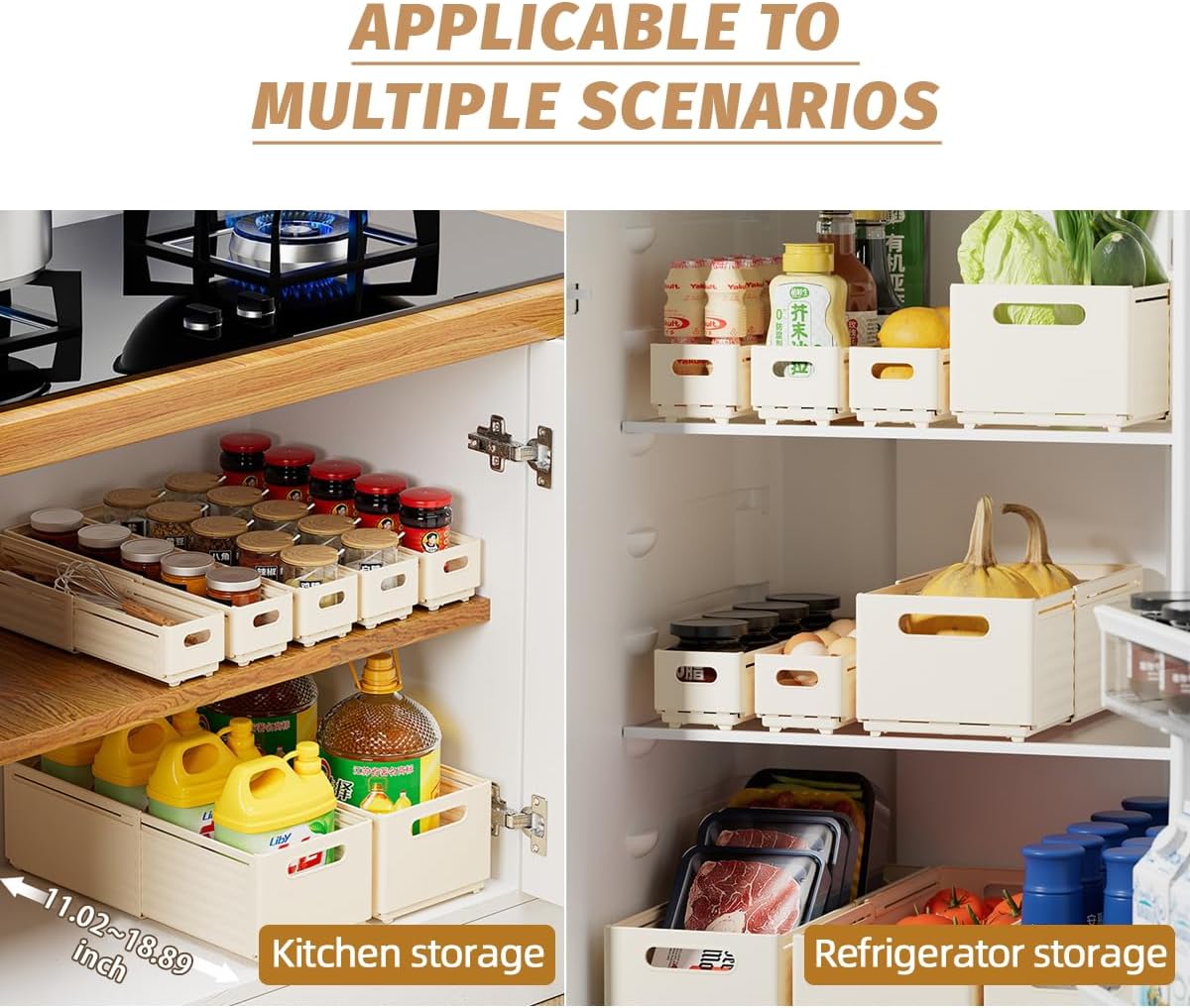 Retractable Foldable Plastic Storage Bins with Handles Easy Assembly Storage Box for Sundries Clothes Kitchen Container Drawer Separators Dividers Closets (2 Pack, Plain White, XL)