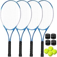 VercanMonth 4 Pack 27 Inch Pre-Strung Tennis Rackets for Adults - Lightweight Recreational Racquets with Balls & Overgrips