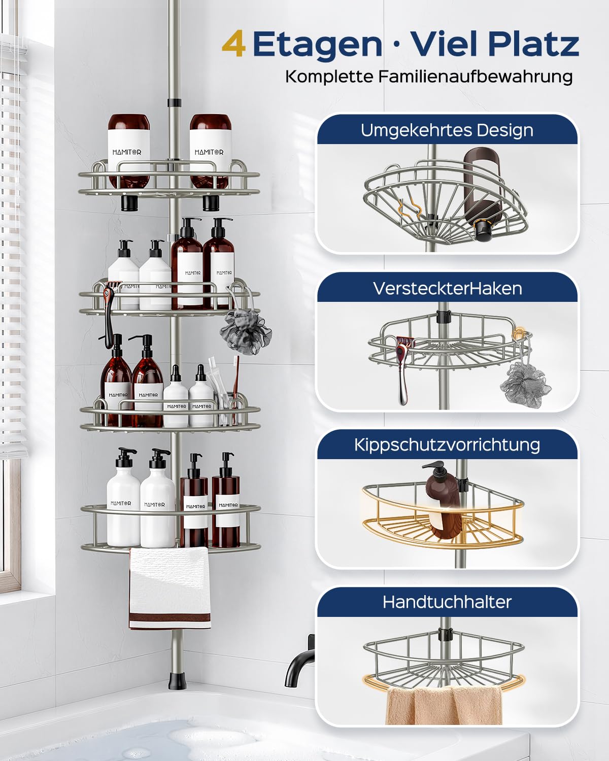 HAMITOR Mensola telescopica per doccia senza foratura: 4 livelli in metallo, antiscivolo e stabile, organizer da bagno per shampoo, sapone e gel doccia, regolabile da 121 a 314 cm, argento