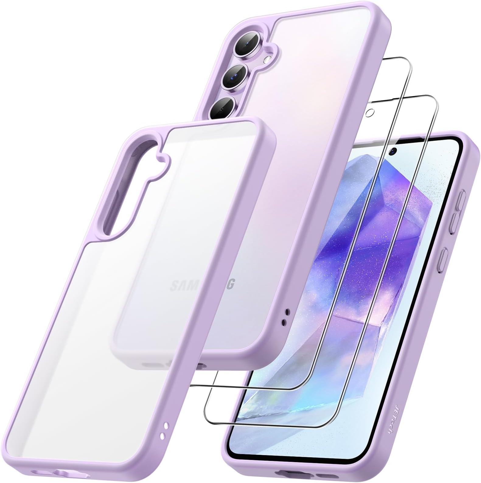 JEDirect 3 in 1 Matte Case for Samsung Galaxy A55 5G with 2 Tempered Glass Protective Film Translucent Frosted Shockproof Phone Cover with Camera Protection (Lilac)