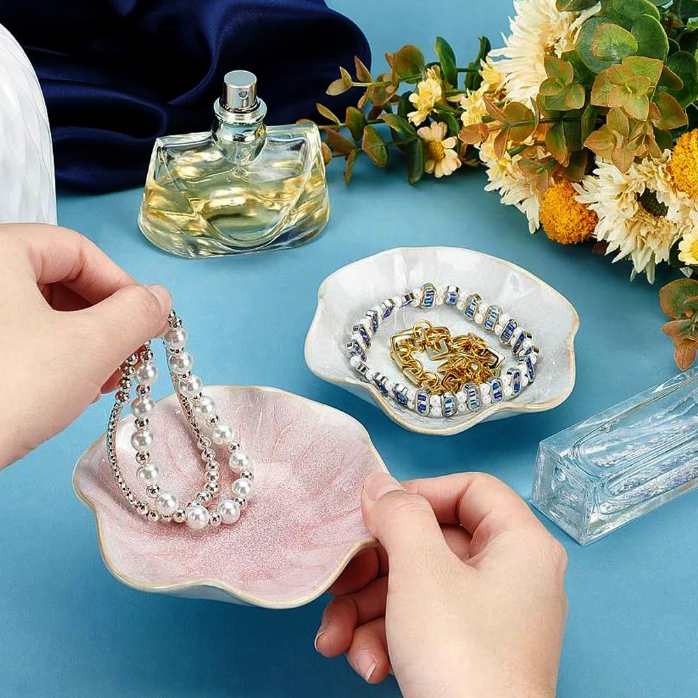 Ceramic Leaf Trinket Dish - 4-Leaf Clover Ring Holder & Lotus Jewelry Tray, Elegant Decorative Gift for Women (Purple+Pink) image 2