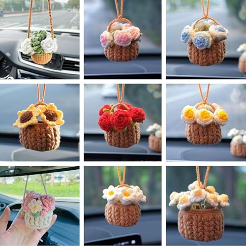 Miniatura 7 de Accesorios de coche de ganchillo,Lindas plantas en maceta Crochet Car Mirror Hanging Accesorios,Accesorios de espejo retrovisor de punto hecho a