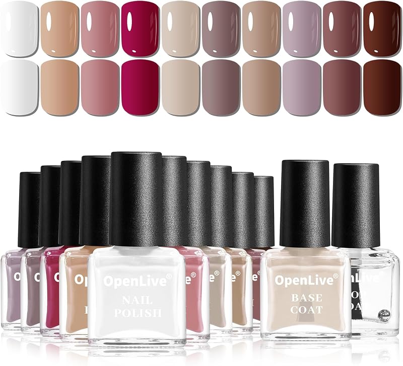 12 PCS Nail Polish Set 10 Color With 2PCS Base and Top Coat | Quick Drying Fall Nude Brown White Red Color Holiday Gift for Her 5ML