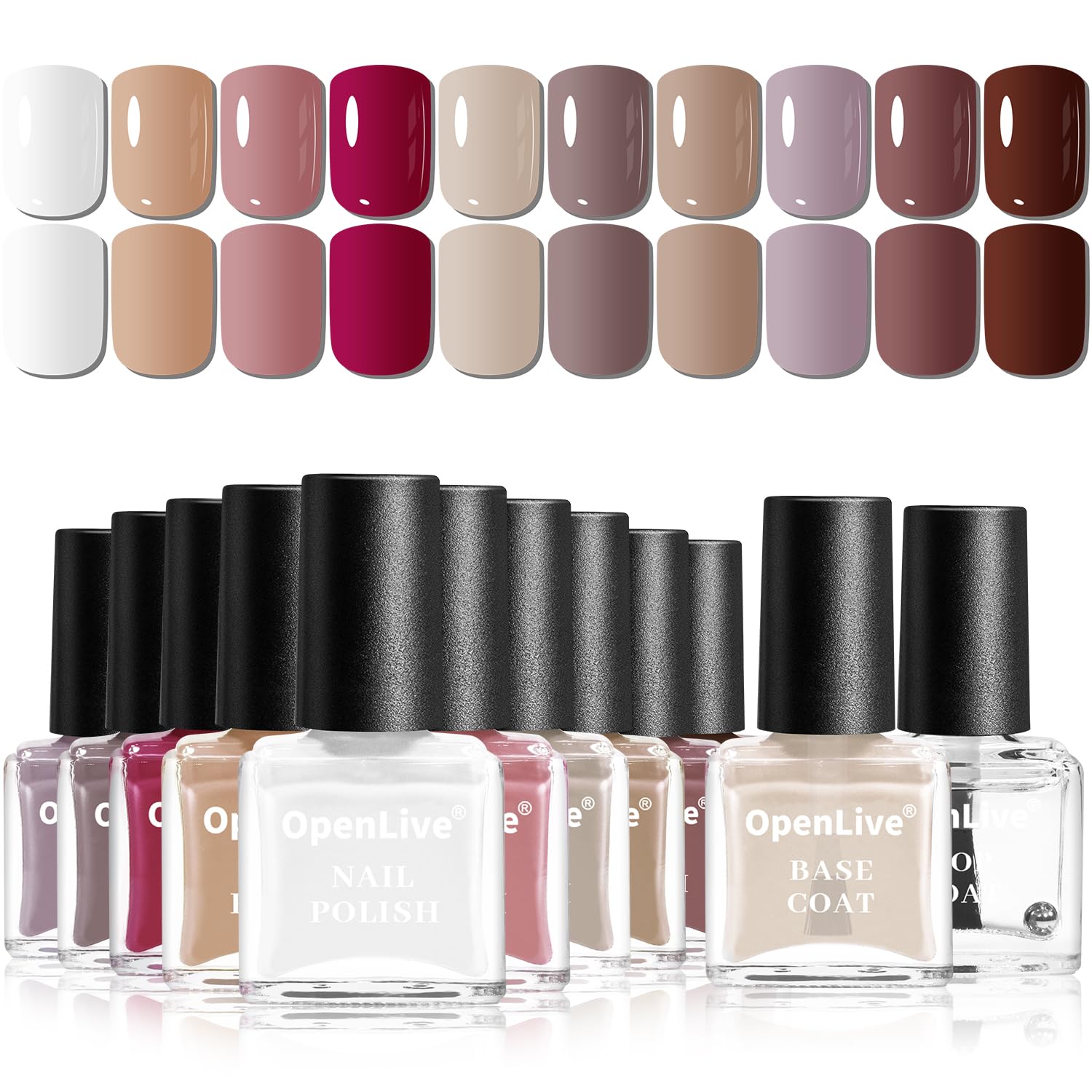 OpenLive 12 PCS Nail Polish Set 10 Color With 2PCS Base and Top Coat Quick Drying Fall Nude