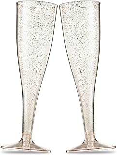 100 Plastic Champagne Flutes - Disposable Champagne Flute - Gold Glitter Plastic Champagne Glasses for Parties, Mimosa Bar, Events, Wedding and Shower Party Supplies - Toasting Cocktail Cups
