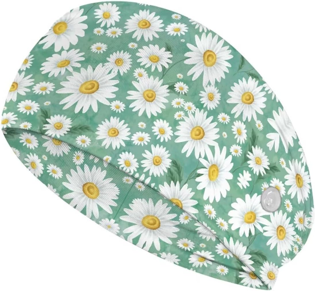 Nursing Headbands with Buttons for Nurses Doctors Women Men Face Covering Holder Non Slip Elastic Hair Bands Wide Head Wraps Turban for Spa Yoga Workout White Daisy Print Headwear
