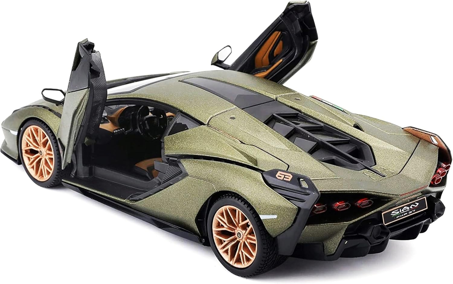 Part posterior view of the Bburago Lamborghini Sian FKP 37 Green 1:24 diecast model car with both scissor doors open, highlighting the rear engine cover detail and the car's aerodynamic features.