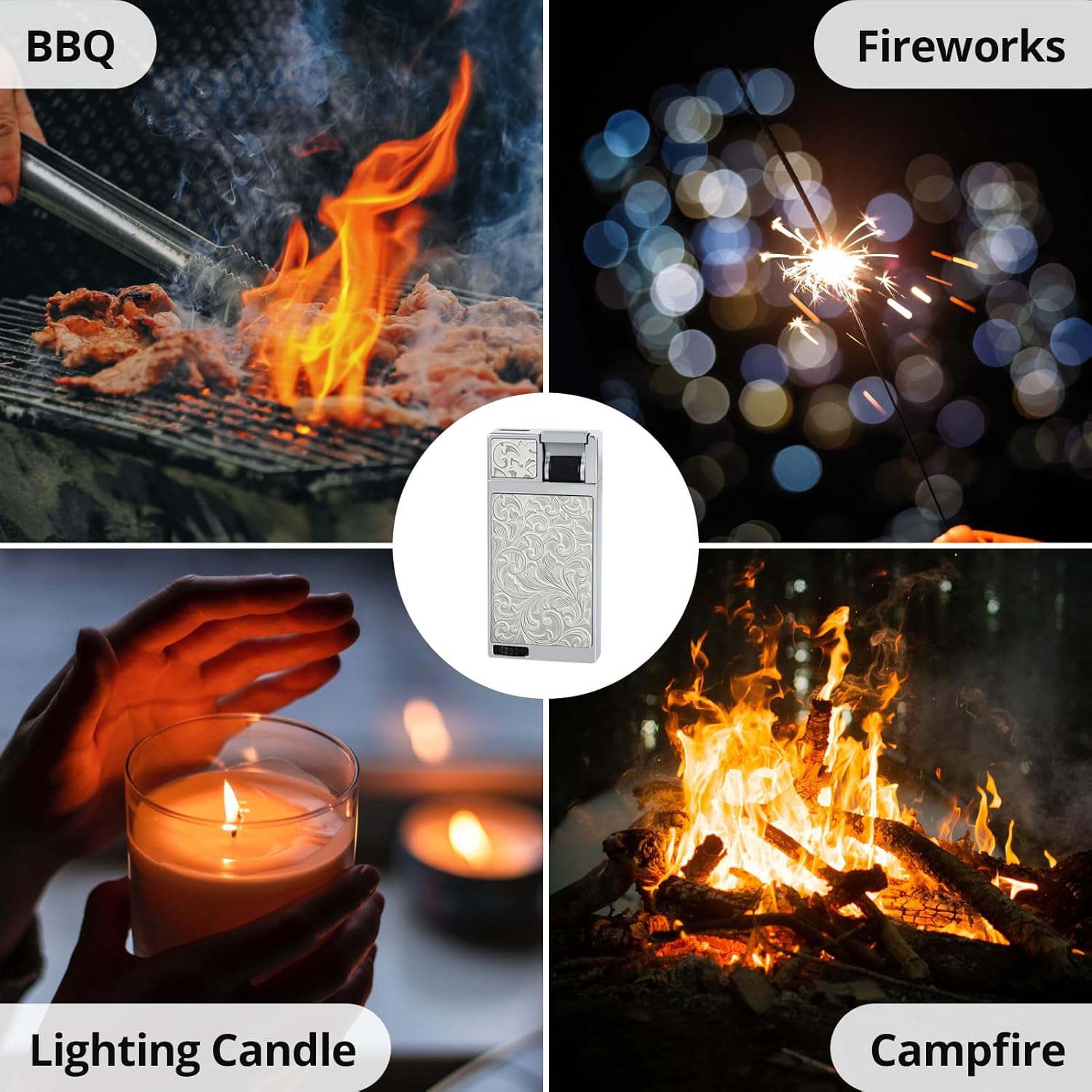 Flat Flame Torch Lighter, Slim Butane Torch Lighter, Refillable Fancy Butane Lighters, Windproof Adjustable Pocket Lighters with Visible Window, Novelty Gifts for Men Women, No Gas, Silver