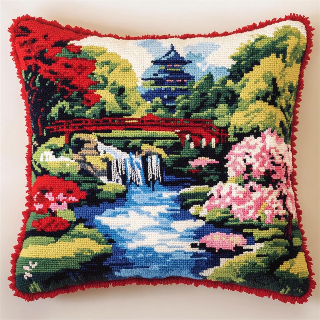 Kitquiver Latch Hook Cushion Kits Ancient Architectural Scenery DIY Latch Hook Kits Pattern Printed Throw Pillow Case Cushion Cover for Adults and Beginners 17x17In