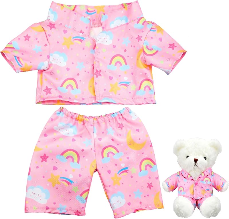 2 Pcs PJ's Bear Clothes Outfit Stuffed Animal,Rainbow,Pink | Fit 12-16 Inch Pajamas Plushy Bear, Button-up Set with Rainbow Stars Moon Print, Plush Doll Clothing for Toy Collection