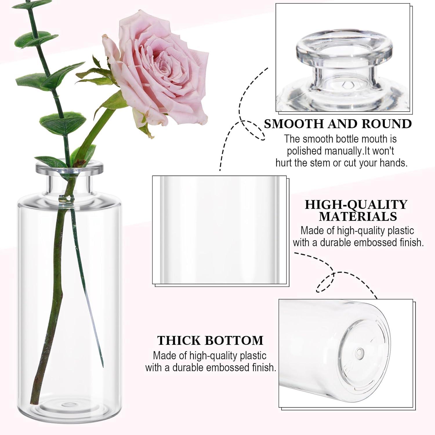 Honeydak Set of 24 Plastic Mini Bud Vases, Vintage Clear Decorative Vases Bulk for Table Centerpieces, Wedding Reception, Baby Shower, Home Decor, Housewarming Gift(Smooth)