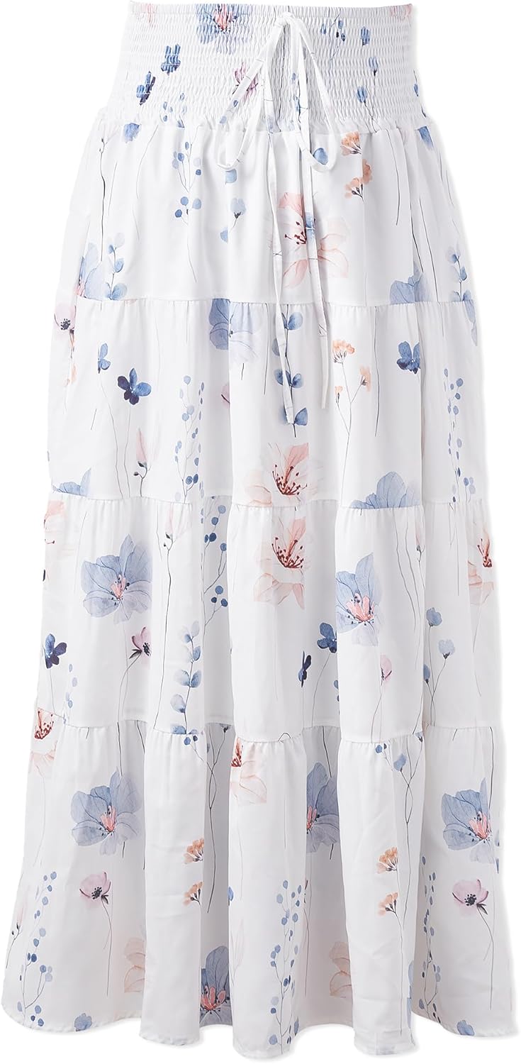 Women's Summer Flowy Boho Maxi Skirt 2025 A-Line Flowy Ruffle Tiered Drawstring Elastic High Waist Beach Long Skirts