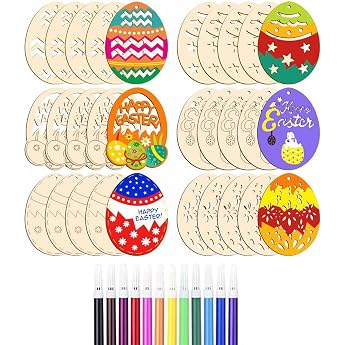 ToBeIT Easter Wooden Pendant Easter Eggs Decoration with Cord DIY Crafts for Painting Wooden Pendant for Children Easter Eggs Easter Bunny 60 x 80 mm 42
