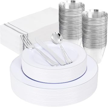 SUT 175 Piece Silver and White Plastic Dinnerware Set for 25 Guests, Disposable Plastic Plates, Include 25 Dinner Plates, 25 Dessert Plates, 25 Pre Rolled Napkins with Silver Silverware, 25 Cups