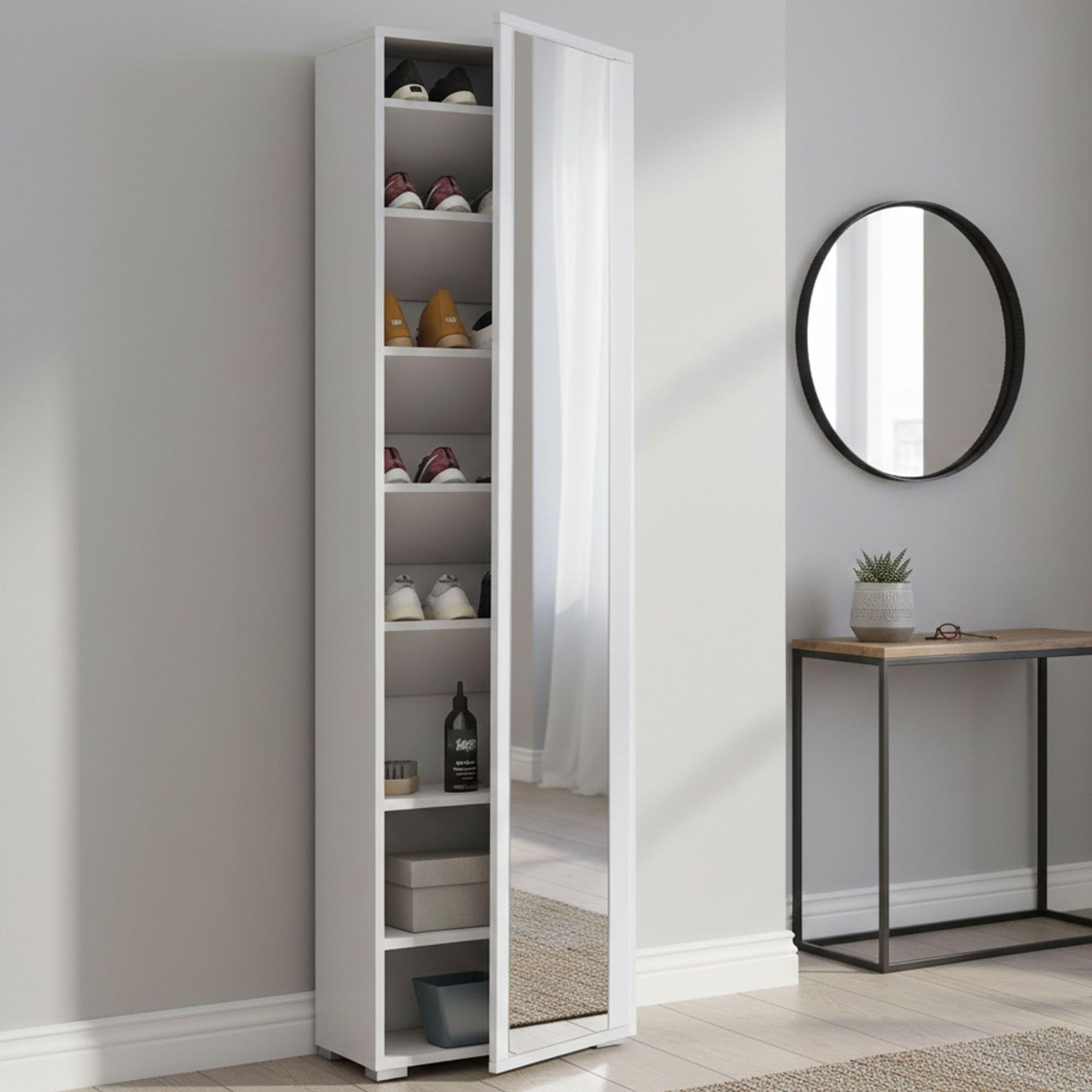 Dmora - Scarpiera Datura, Mobile multiuso da ingresso con anta a specchio , Armadio moderno portascarpe a 7 ripiani, 100% Made in Italy, 50x32hx182 cm, Bianco