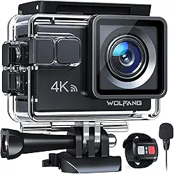 WOLFANG Câmera de Ação GA100 4K 20 MP à Prova de Água 40 M Câmera Subaquática Estabilização EIS WiFi 170° Grande Angular Câmera de Capacete com Microfone Externo, 2 Baterias e Kit de Acessórios