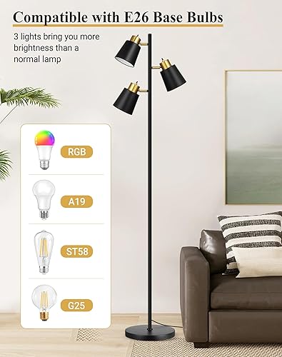 Miniatura 5 de QiMH Lámparas de pie de árbol para sala de estar, lámpara de pie moderna de 67 pulgadas con 3 bombillas LED, lámpara alta industrial de lectura para