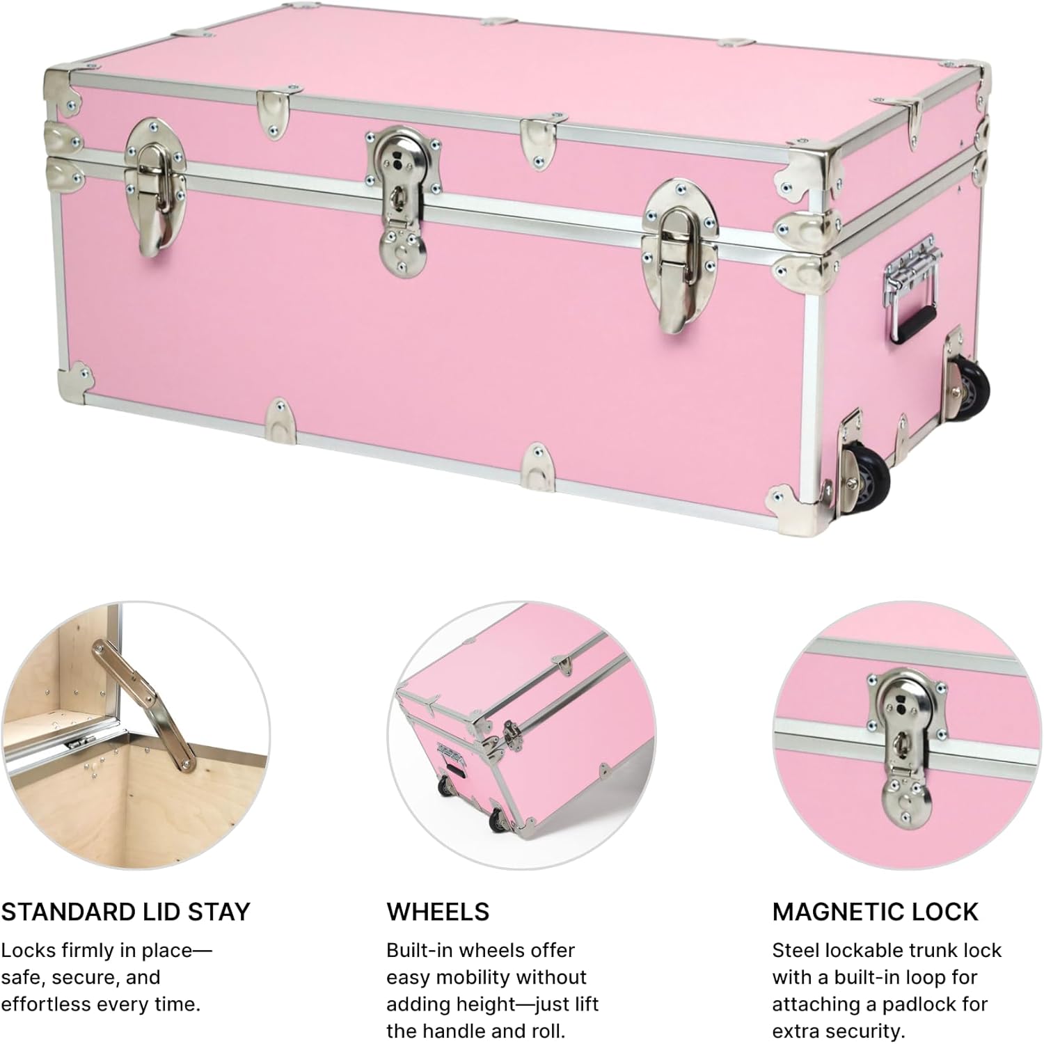 Rhino Trunk & Case Small Essential Trunk With Wheels, Tray, & Lid Organizer - 30"x17"x13", 1000+ lbs Capacity. Strong, USA Made Summer Camp Footlocker, and Secure College Dorm Storage Chest