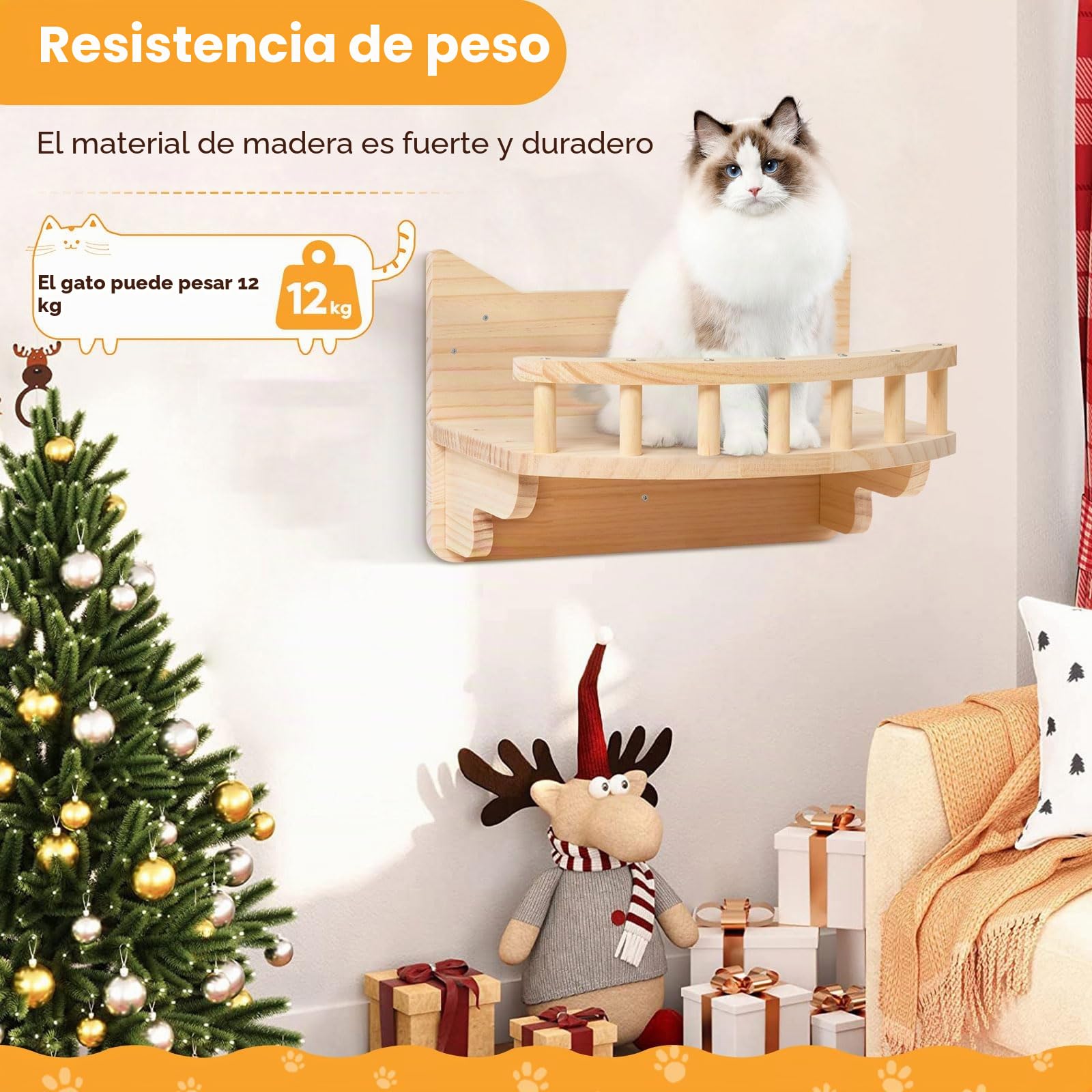 Juego de Pared de Escalada para Gatos - 5 Piezas, 3 Niveles, Escalera Con 2 Bolas de Peluche, Estable, Cama y Cueva