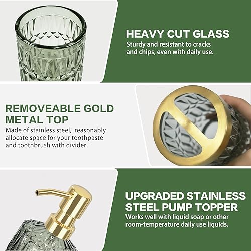 Miniatura 2 de Juego de accesorios de baño de cristal verde de alta calidad (5 piezas)  Juego de baño para el día de San Valentín, dispensador de jabón y soporte