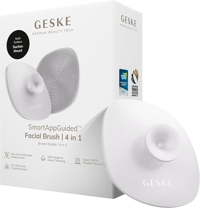 GESKE | Cepillo facial SmartAppGuided™ 4 en 1 | Cepillo de limpieza facial con mango | Cepillo de silicona suave | Limpieza facial profesional | Dispositivo de limpieza facial | Limpieza de la piel
