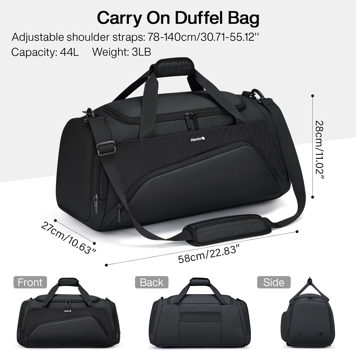 Hanke Carry On Luggage Airline Approved Duffle Bag for Travel, Multifunctional 3 In 1 Travel Duffel Bags for Traveling, 44L Weekender Overnight Gym Hiking Tote Bags for Men & Women.(Black) - Image 2
