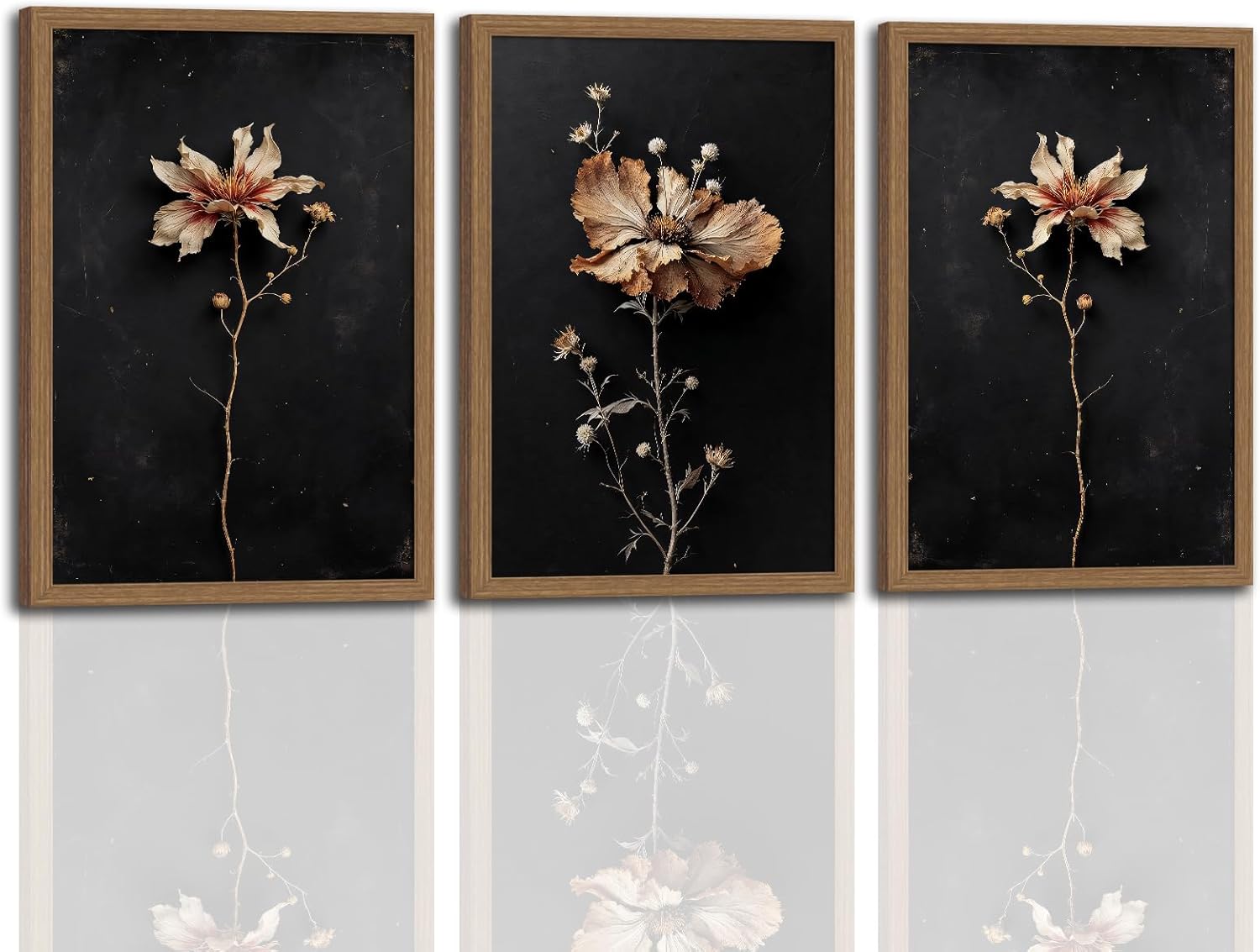 Framed Vintage Moody Botanical Wall Art Decor Dark Dried Flower Minimalist Canvas Prints Pictures Rustic Retro Art work for Dining room Walls Living Room Bedroom Bathroom Preparing to hang 12x16in