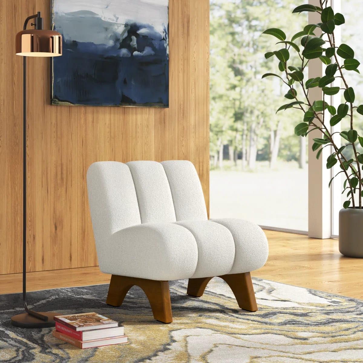 Kavya Nova 25.2 Inch Wide Sherpa Accent Lounge Chair | Stitched Upholstered Armchair | High-Density Foam Cushion | Premium Polished Rubber Wood Arc Base | Ivory White-image-1