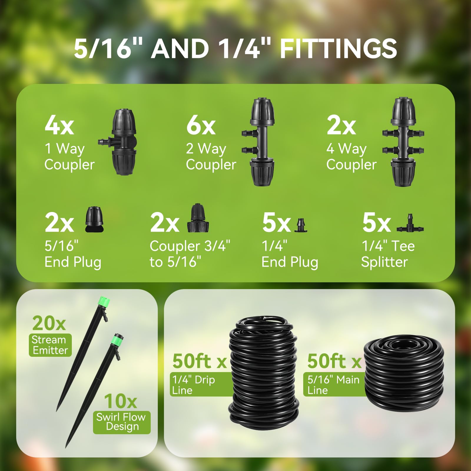 Kit di irrigazione a goccia per giardino, aiuole rialzate, prato, sistema di irrigazione regolabile con emettitori a goccia, tubi da 5/16" e 1/4", raccordi spinati