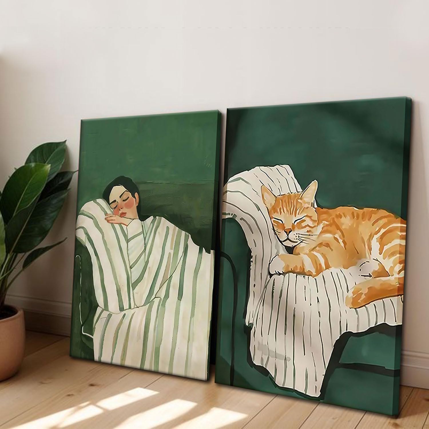 Kdyudo 2 pcs Canvas Framed Wall Art Set with Sleeping Woman and Cat on Sofa Cute Pet Image Print Artwork Emerald Green Striped Painting Poster Suitable for Living Room Bedroom Wall Decor 12x16 inch