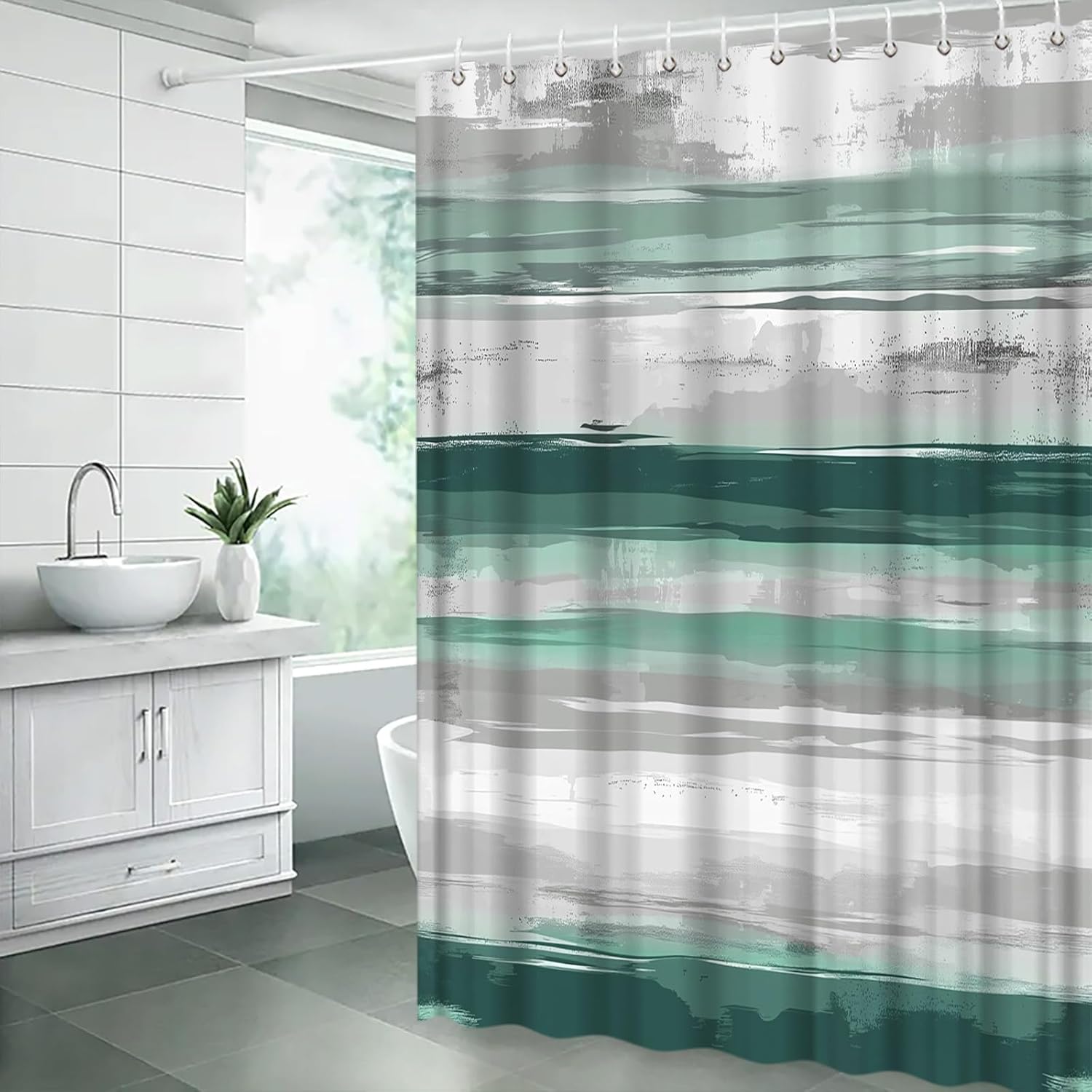 Green Gray Extra Long Shower Curtain,Abstract Geometric Striped Moden Art Bathroom Home Curtain Decor with Hooks,70x84 Inch