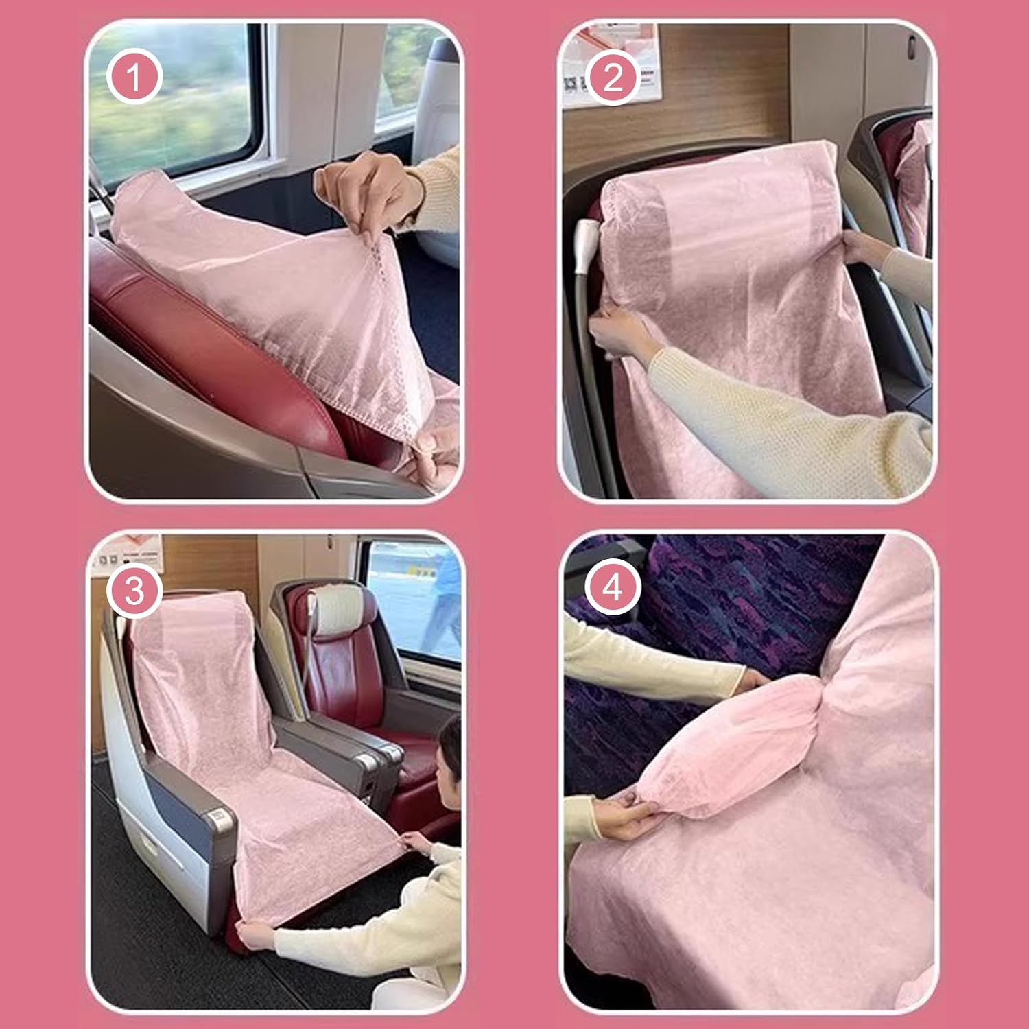 6 Pack Disposable Airplane Seat Covers Hygienic Protective Seat Protector & Portable Travel Accessory. Includes Support Gloves for Flights, Trains, Buses, Cars & Public Transit (Pink)
