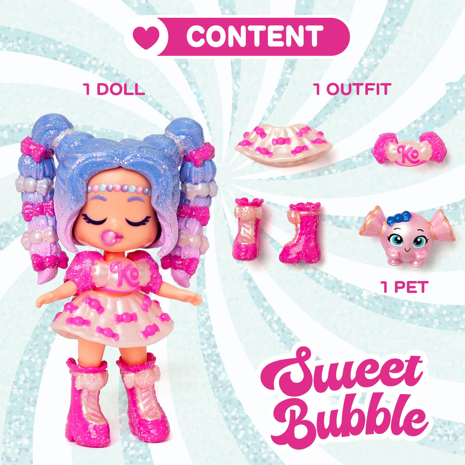 KOOKYLOOS Candy Land Series SWEET BUBBLE – laleczka do kolekcjonowania z serii Candy Land, zawartość: 1 lalka, zestaw ubrań i butów, akcesorium oraz zwierzątko,1 lalka ma 3 różne buzie!