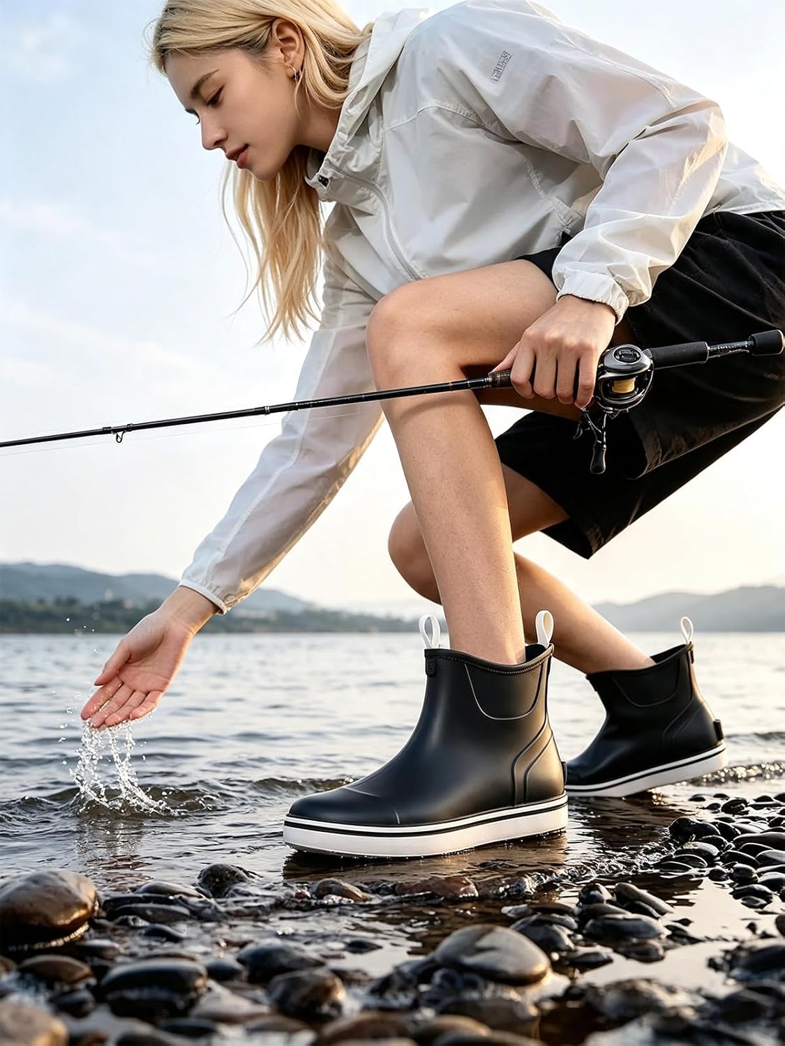 Men's Rain Boots, Waterproof Ankle Deck Boots Non-Slip Fishing Rain Boots
