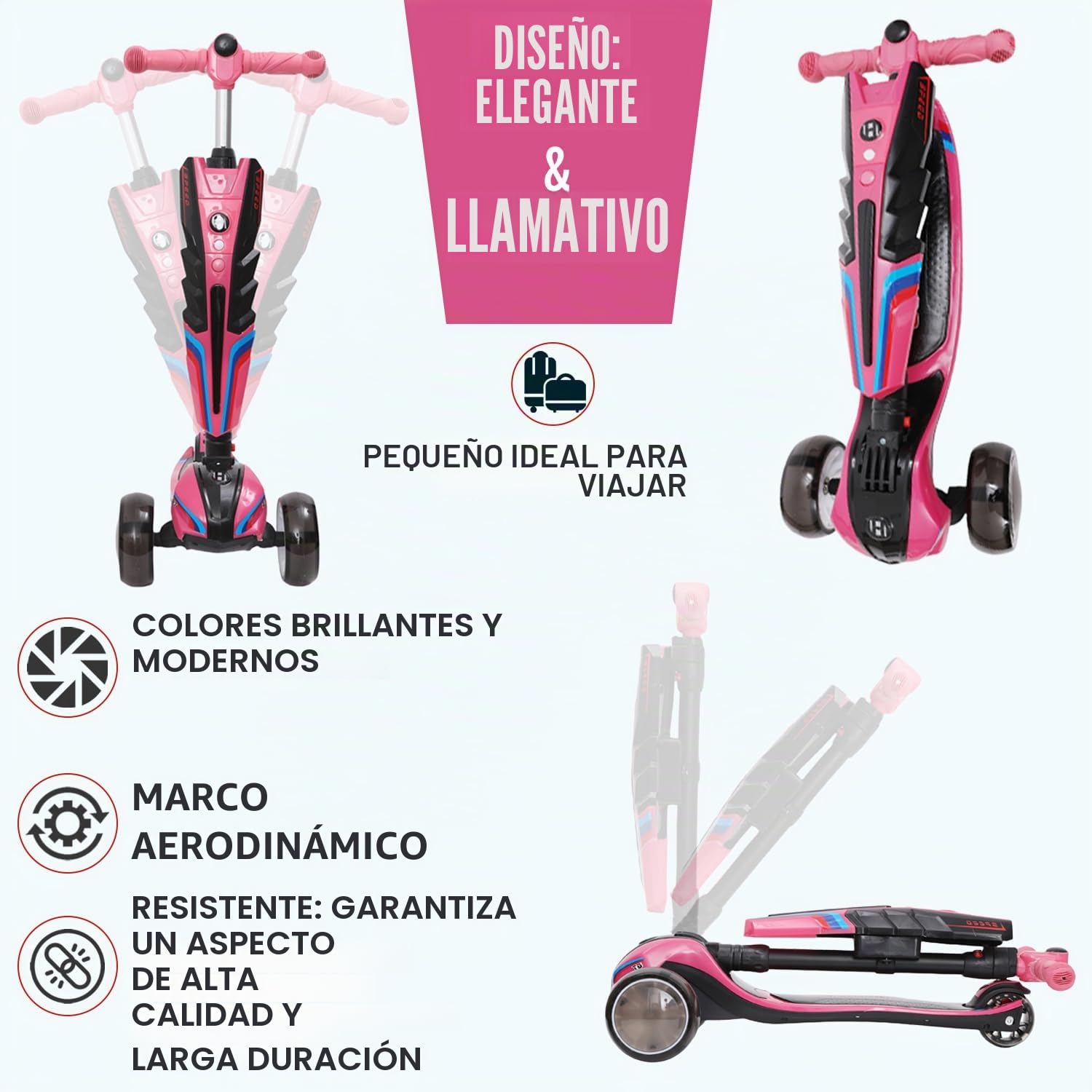 Habib - Patinete infantil con luces LED, 3 ruedas, plegable, altura regulable, para niños y niñas, 3-12 años, hasta 50 kg