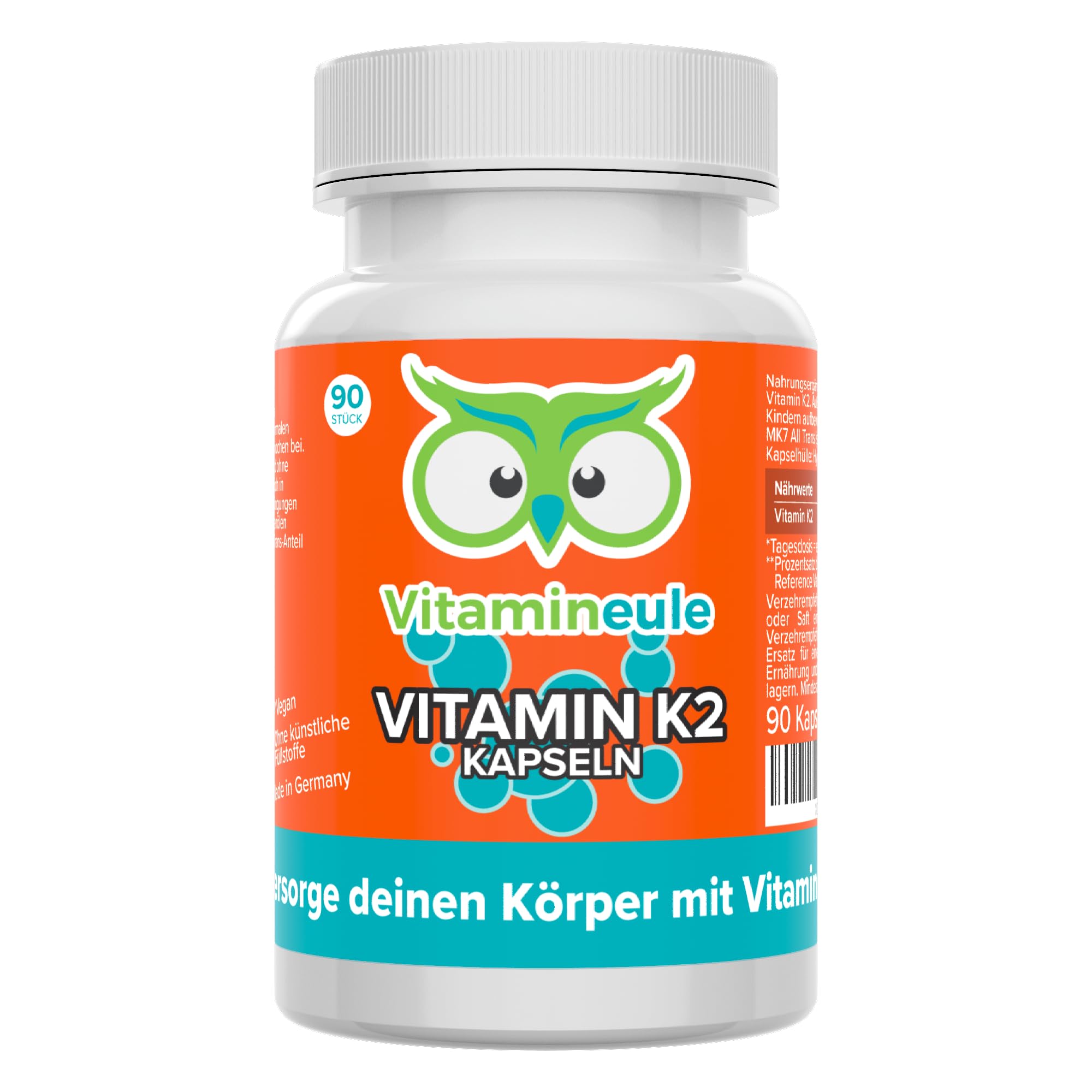 Vitamin K2 Kapseln - hochdosiert 200 µg MK7 All-Trans - bioaktiv & vegan - Produktion in Deutschland - laborgeprüft - ohne Zusatzstoffe & Soja - kleine Kapseln statt Tropfen - Vitamineule®