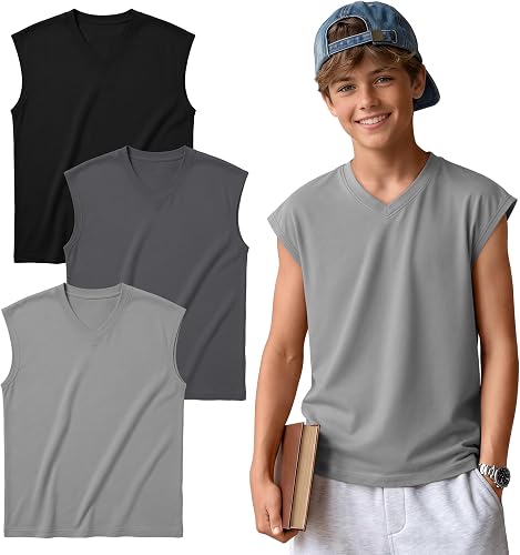 Custoneei 3 Pack Boy Sleeveless Loose Tank Top, 3-Color, 13-14 Years
