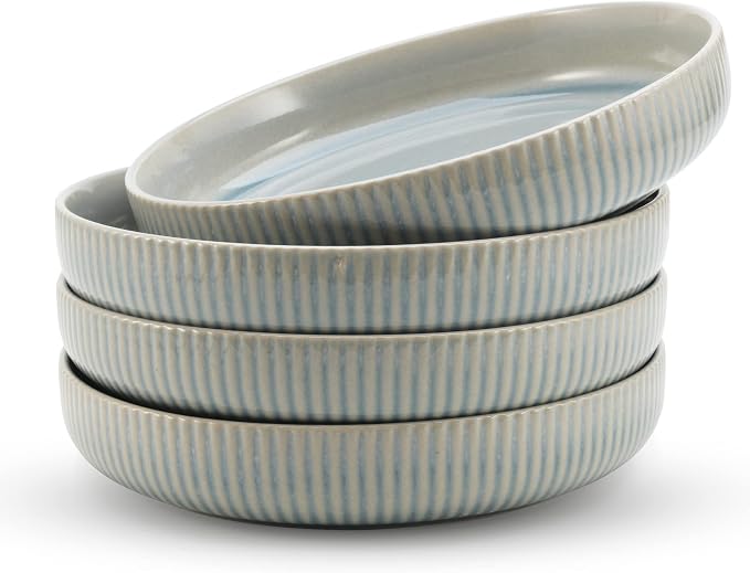 American Atelier 9-Inch Low Bowl (Set of 4) - 42 oz Wide Shallow Porcelain Salad Bowls, Stylish Dinner Plates for Serving Pasta, Soups, Stir-Fries - Stackable Modern Dinnerware (Sage Green)
