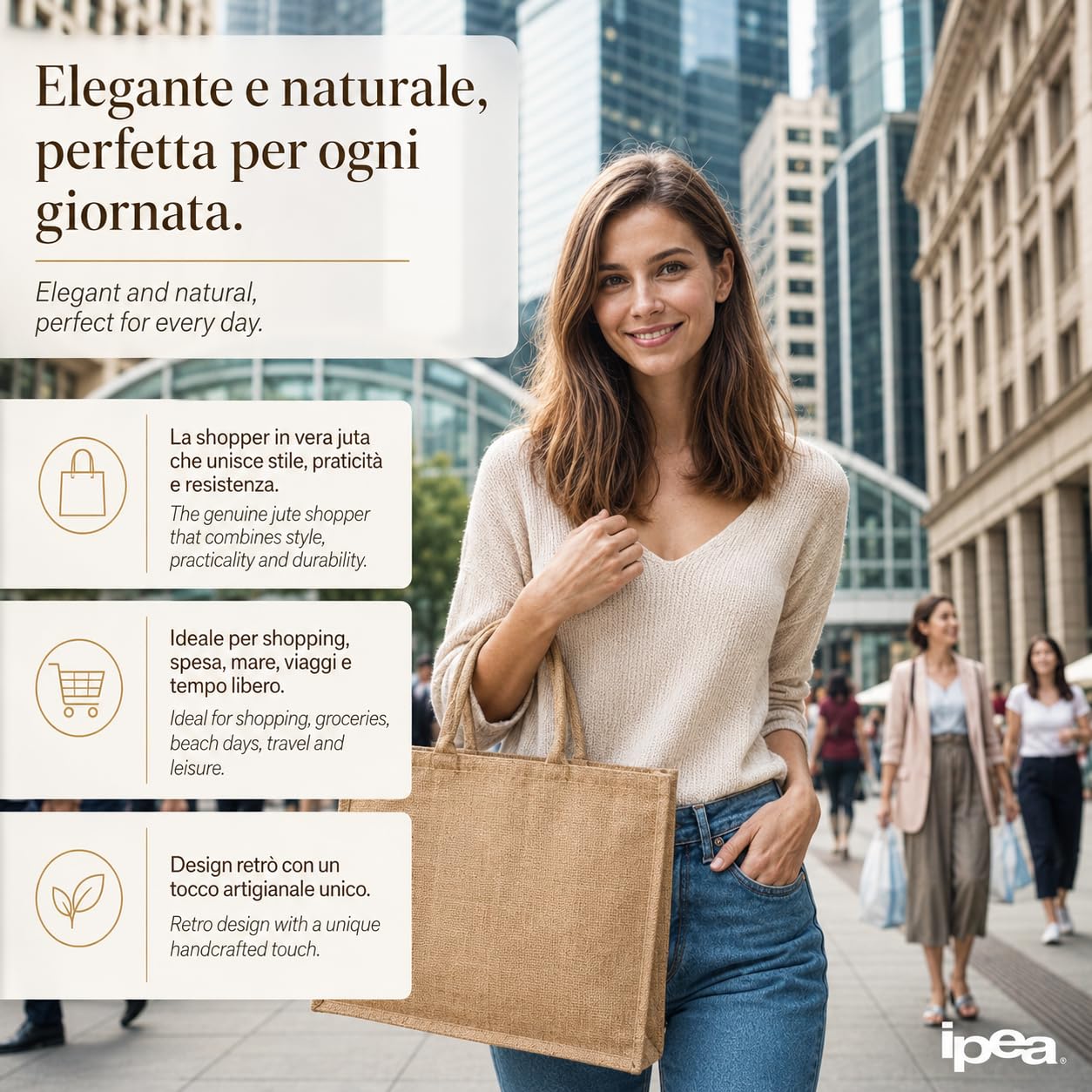 IPEA 2 x naturalna torba z juty z drewnianymi uchwytami na zakupy, zakupy i wypoczynek - 2 sztuki - Torba na zakupy z prawdziwej juty - torba na wieczór, morze, plażę, wyjścia - Elegancki design retro