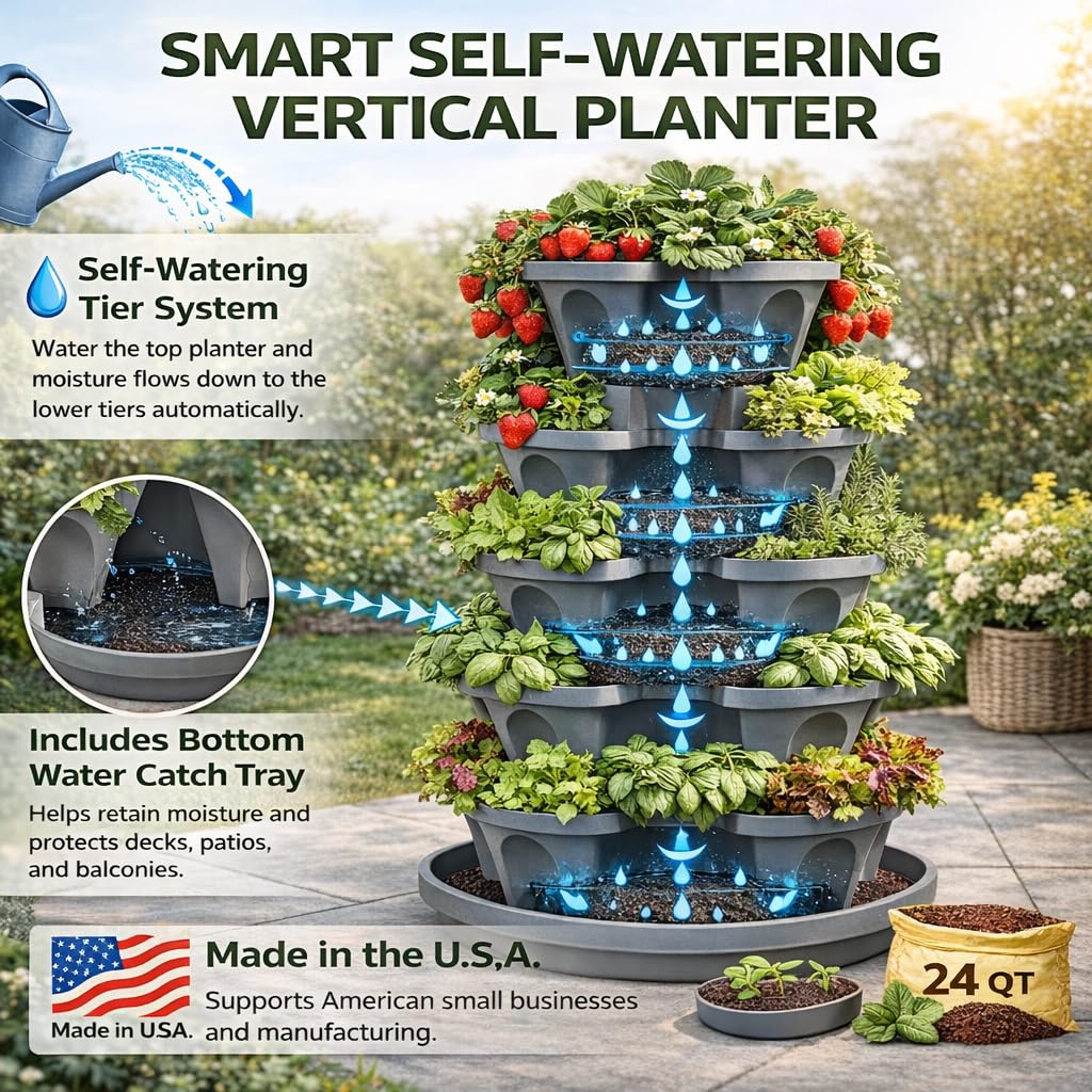 5-stöckiger stapelbarer Erdbeergarten,24 Quart Indoor/Outdoor Stapelbarer Übertopf mit Untersetzer, Erdbeeren und Blumen aus der Küche oder dem Hinterhof,Pflanzen und Stapeln! Einfache Gartenarbeit