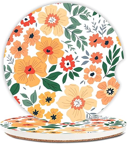 Posavasos absorbentes de flores para portavasos de automóvil, paquete de 2 posavasos de cerámica de 2.56 pulgadas con parte trasera de corcho y