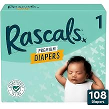 Rascals Premium Diapers, Size 1, 108 Count, 1 Pack.