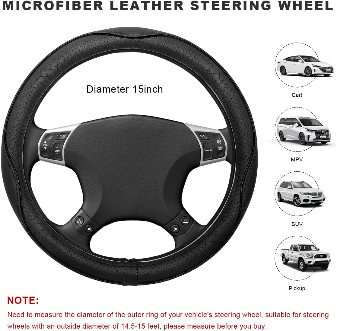 Car Steering Wheel Cover, 15 Inch Anti-Slip Breathable Leather Auto Steering Wheel Protector, Full Surround Soft Steering Wheel Cover for Men Women, Car Interior Accessories (Black) - Image 2