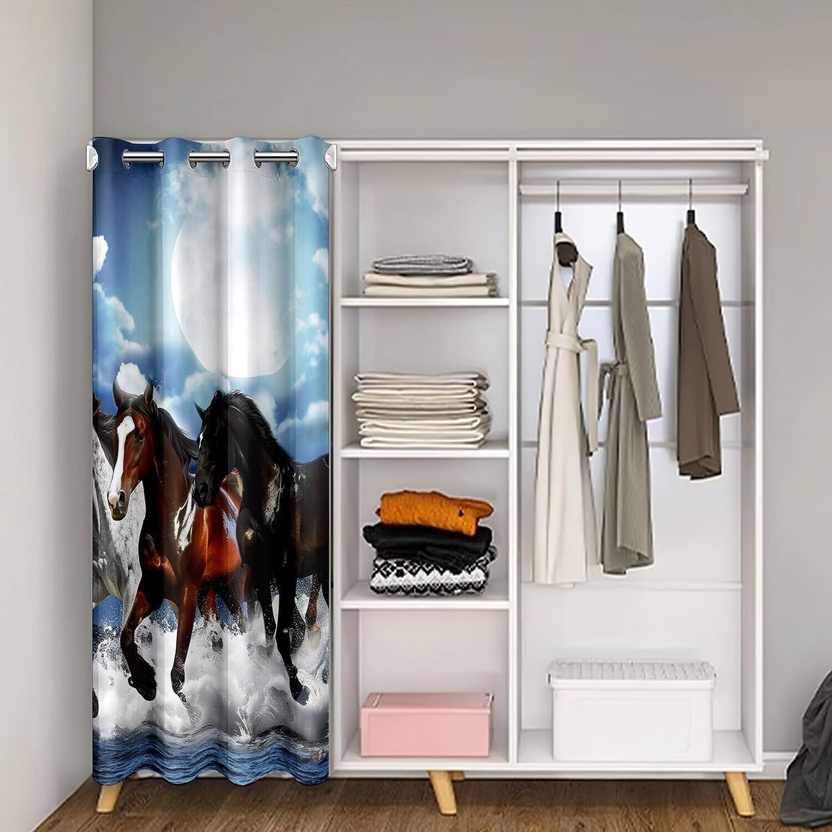 Galloping Horse Door Drape for Adult Teens Boys Black Brown White Horse Door Curtain for Doorway Privacy Moon Night Sky Blackout Curtain Farmhouse Wild Animal Closet Curtain,Darkening 34" W X 80" L